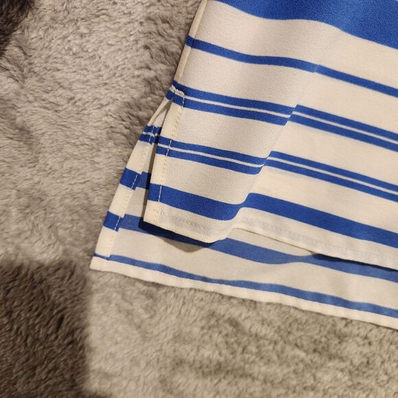 Talbots Blue White Striped Semi Sheer Split Neck Roll Tab Sleeve Blouse Size LP - Picture 5 of 10